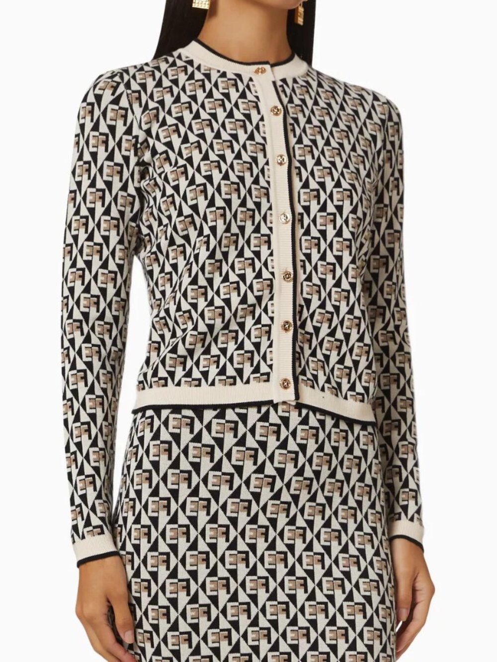 Elisabetta Franchi Monogram Knit Cardigan Black Ivory IT 40